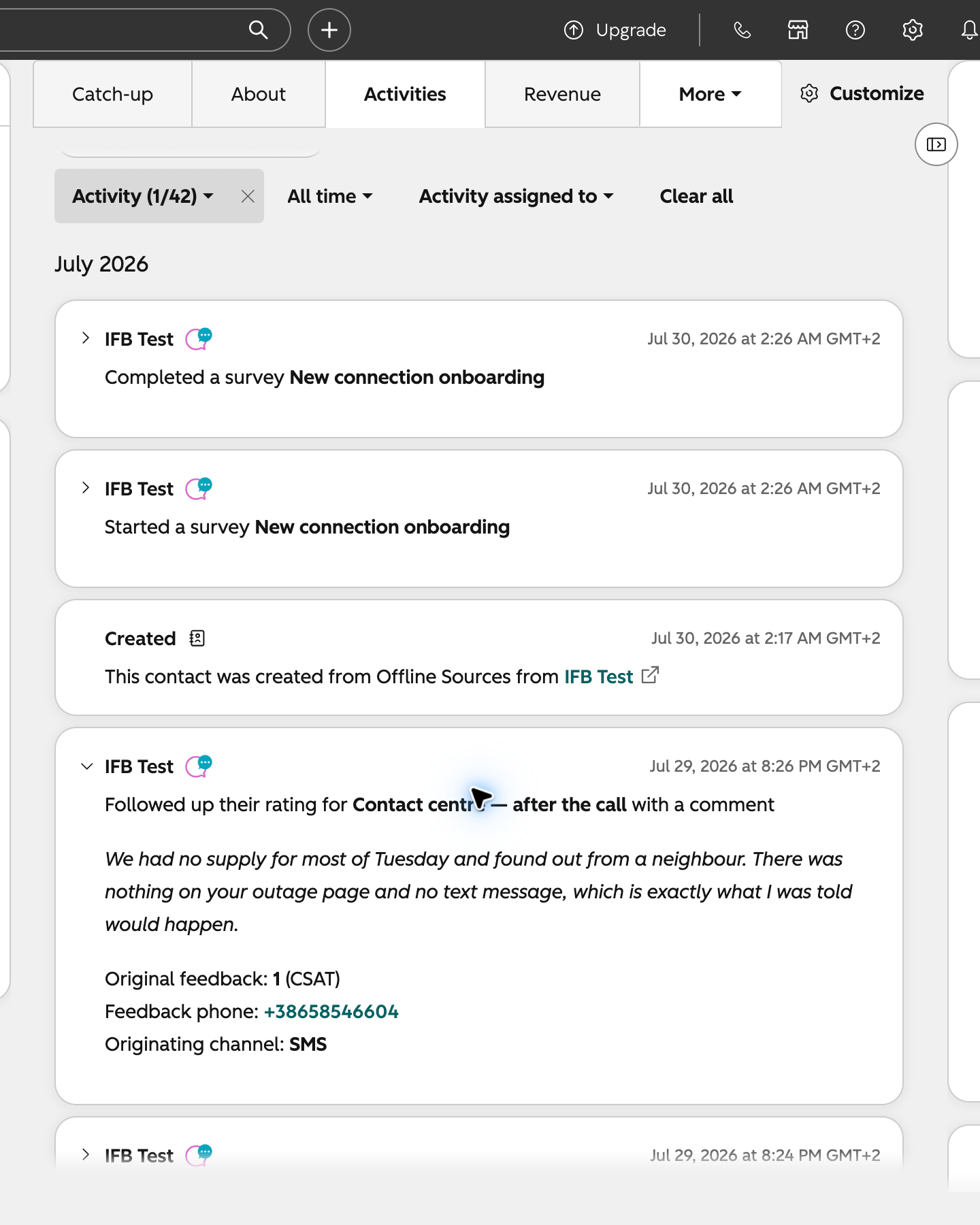An expanded InstantFeedback feedback event on a HubSpot contact timeline.