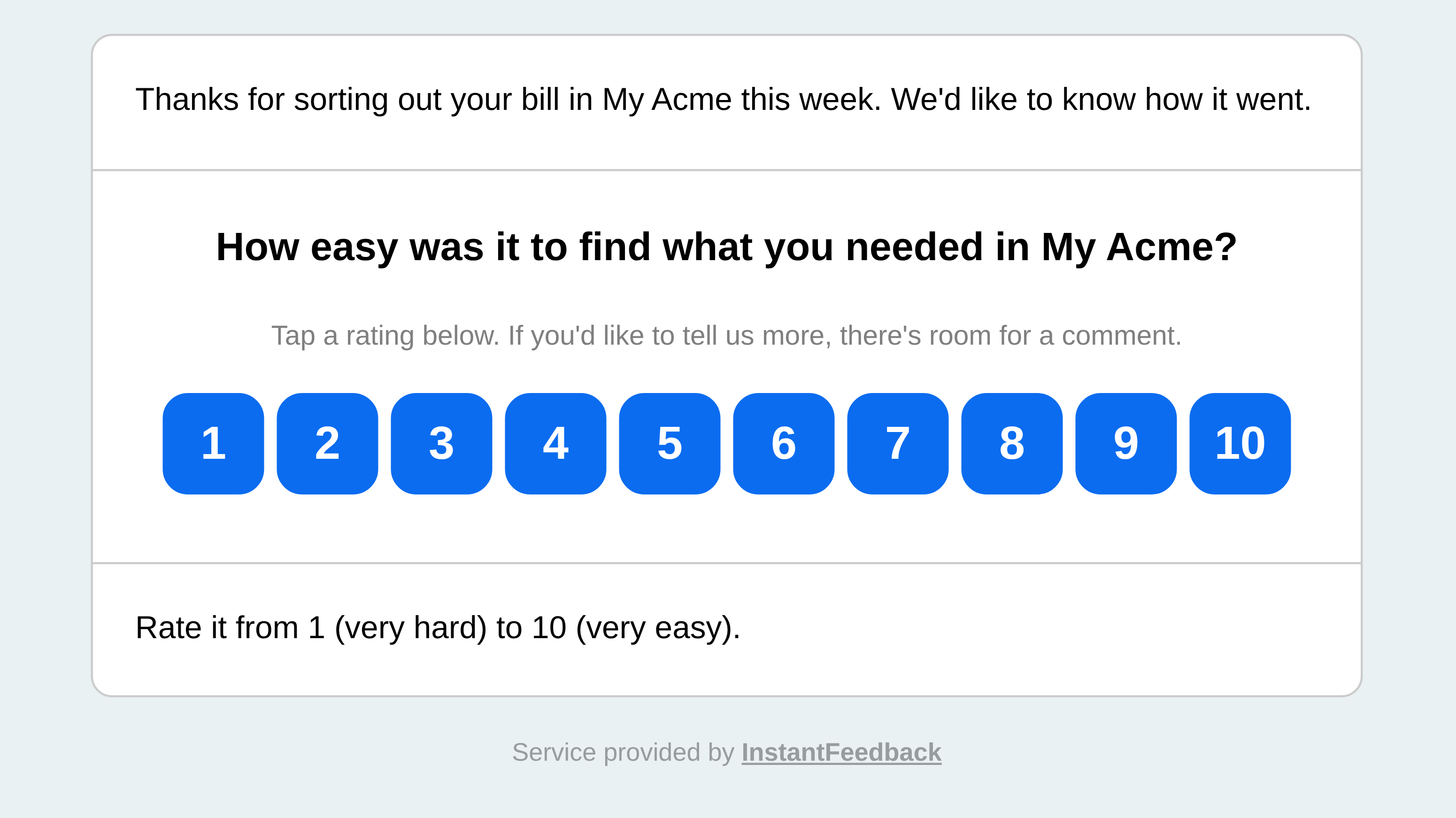 The feedback request as a customer receives it: a one-line intro, a single question and a row of grade buttons.